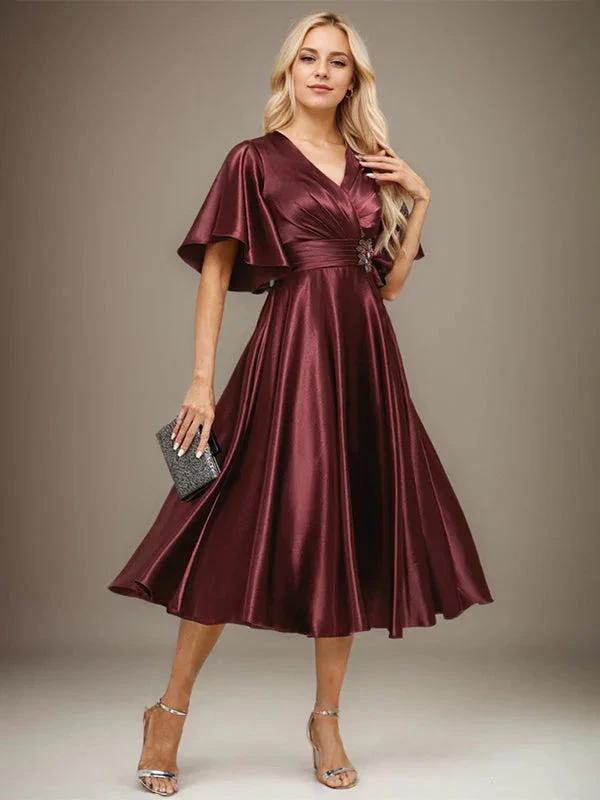 A-line V-Neck Tea-Length Stretch Satin Mother of the Bride Dress With Beading Pleated by Dreamylily