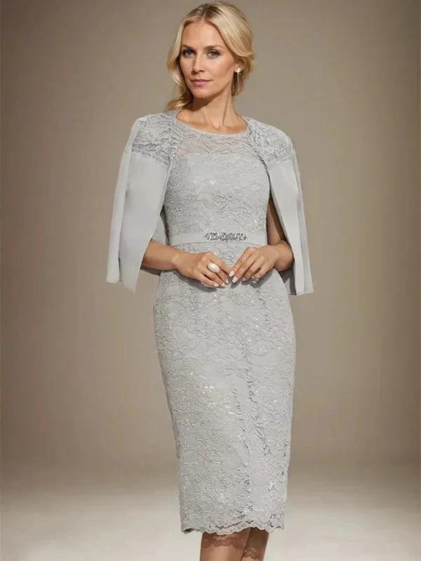 Sheath/Column Scoop Knee-Length Chiffon Lace Mother of the Bride Dress With Beading by Dreamylily