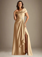 A-Line Scoop Floor-Length Stretch Satin Mother of the Bride Dress With Cascading Ruffles by Dreamylily