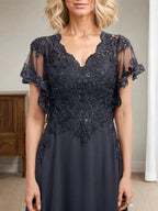 A-line V-Neck Floor-Length Lace Chiffon Mother of the Bride Dress With Sequins by Dreamylily