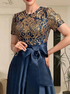 A-line Scoop Asymmetrical Satin Sequin Lace Mother of the Bride Dress With Bow by Dreamylily