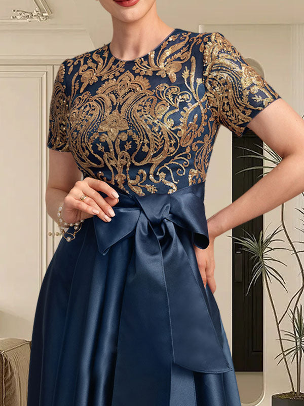 A-line Scoop Asymmetrical Satin Sequin Lace Mother of the Bride Dress With Bow Main Image