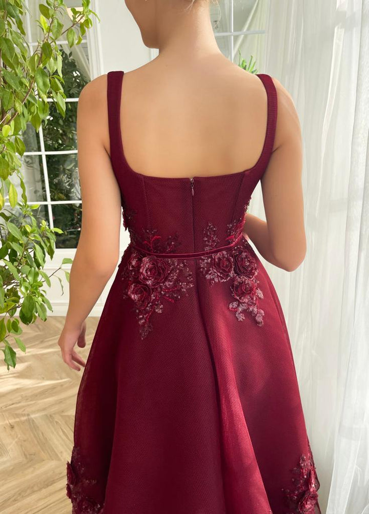 Burgundy Ankle length square neck Homecoming Dress