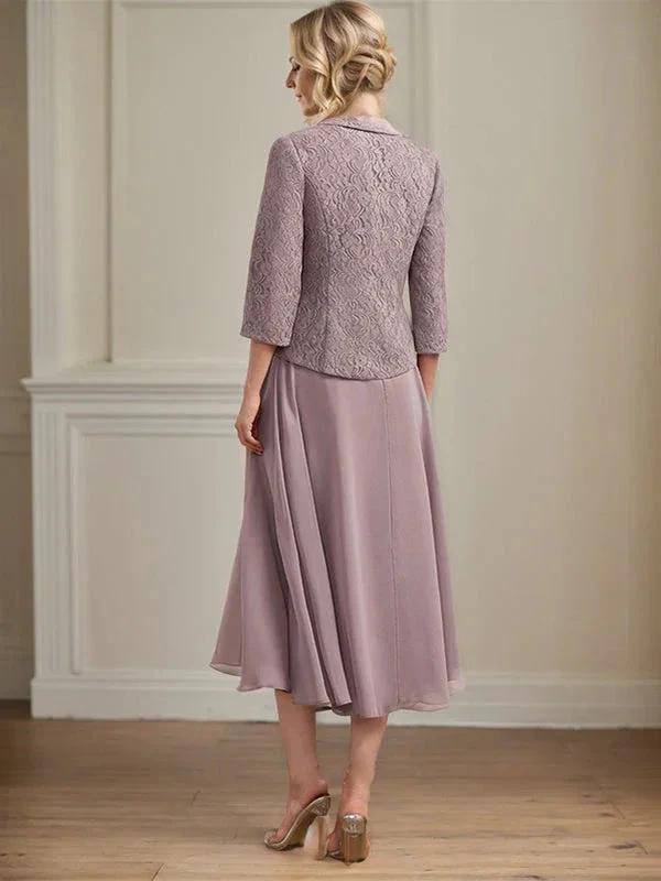 A-line Scoop Tea-Length Lace Chiffon Mother of the Bride Dress by Dreamylily