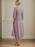 A-line Scoop Tea-Length Lace Chiffon Mother of the Bride Dress by Dreamylily