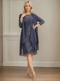Sheath/Column Scoop Illusion Knee-Length Lace Chiffon Mother of the Bride Dress With Cascading Ruffles Sequins by Dreamylily