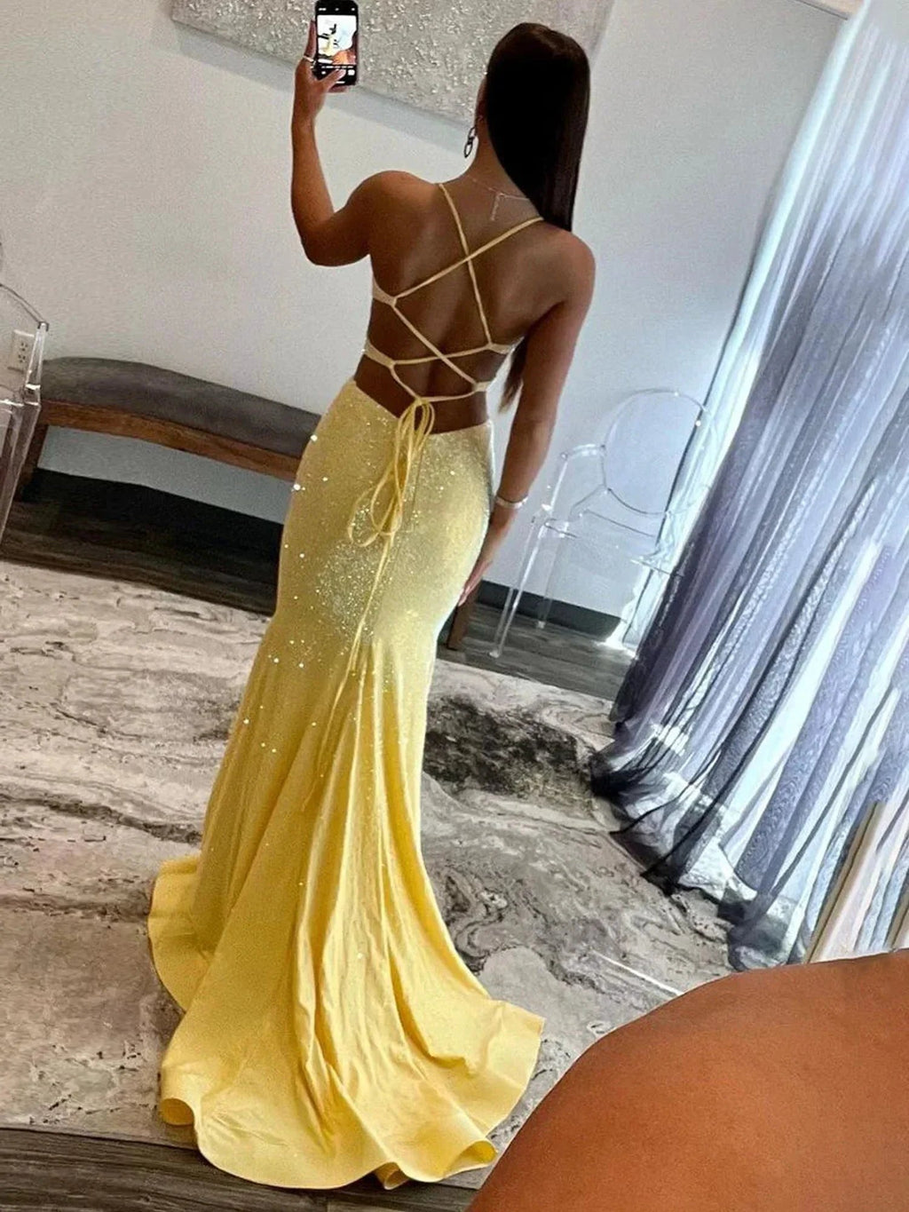 Glint | Sparkly Mermaid V Neck Yellow Sequins Long Prom Dresses by KissProm