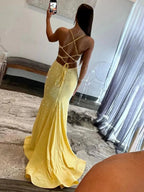 Glint | Sparkly Mermaid V Neck Yellow Sequins Long Prom Dresses by KissProm