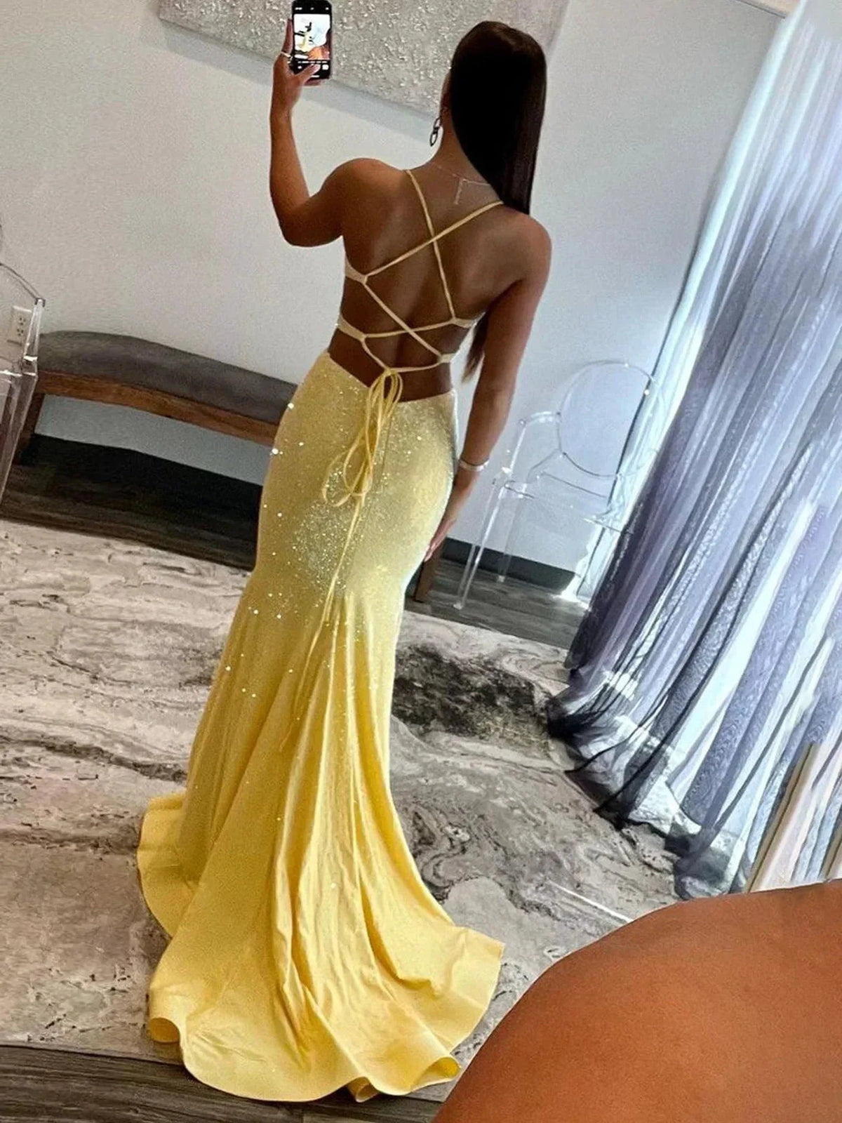 Glint | Sparkly Mermaid V Neck Yellow Sequins Long Prom Dresses by KissProm