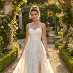 Elegant White Spaghetti Strap Satin Bodice Lace Tulle Wedding Dress with Train SW705