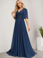 A-line V-Neck Floor-Length Lace Chiffon Mother of the Bride Dress With Sequins by Dreamylily