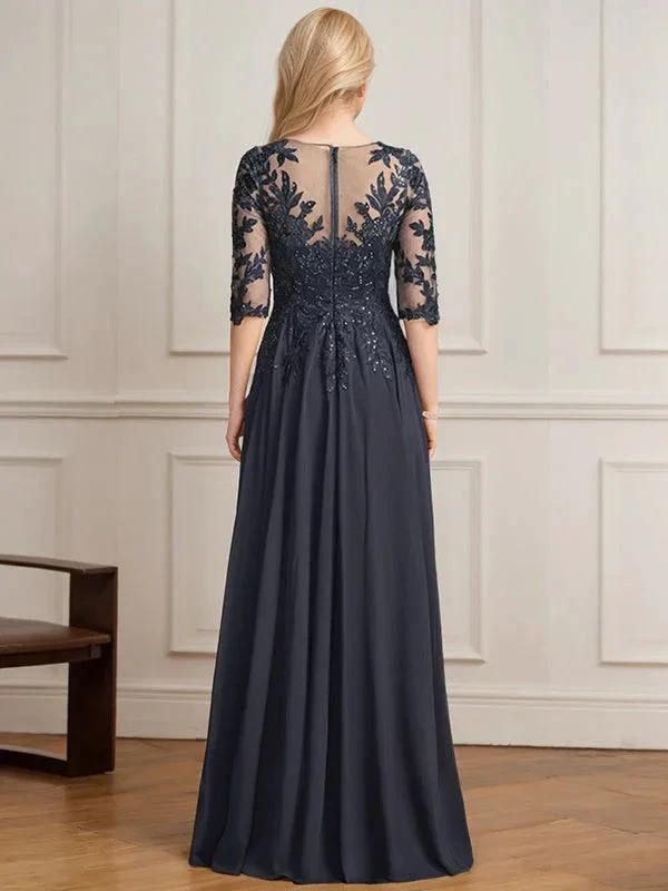 A-line V-Neck Floor-Length Lace Chiffon Mother of the Bride Dress With Pleated Sequins by Dreamylily