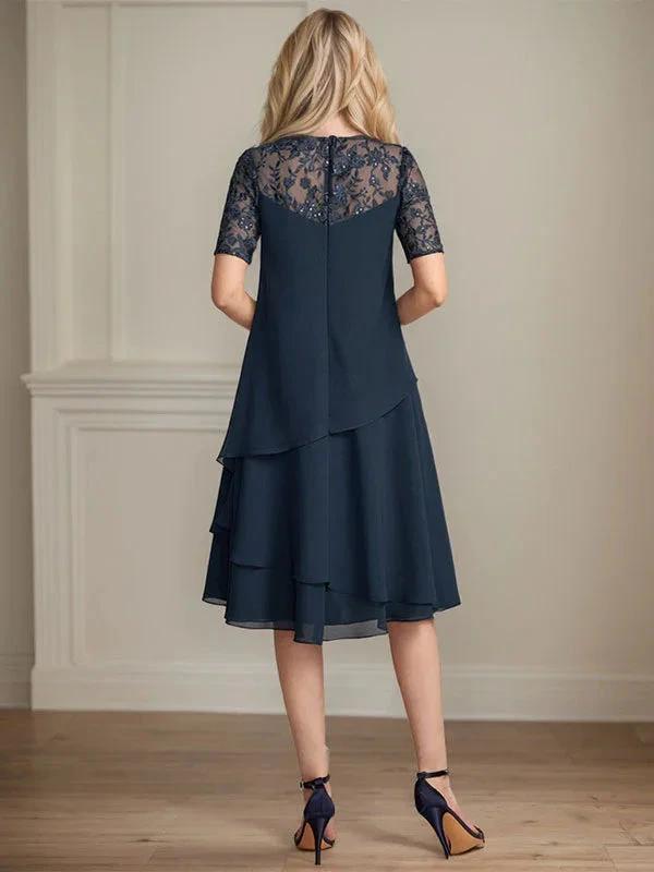 A-line Scoop Illusion Knee-Length Lace Chiffon Mother of the Bride Dress With Sequins by Dreamylily