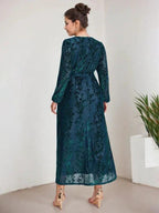 A-Line V-Neck Long Sleeves Velvet Tea-Length Mother of the Bride Dress With Split by Dreamylily