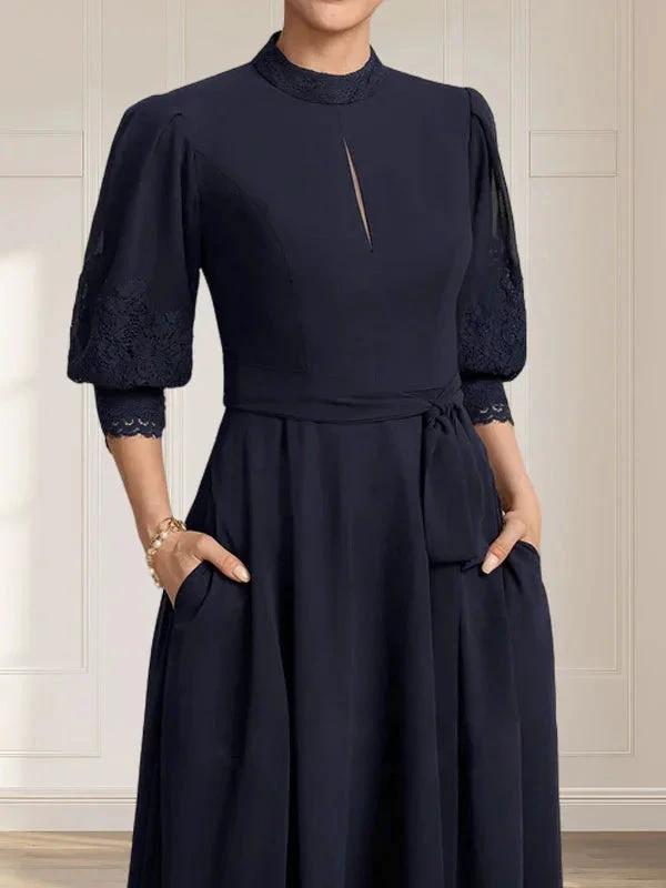 A-line High Neck Tea-Length Lace Chiffon Mother of the Bride Dress With Bow by Dreamylily
