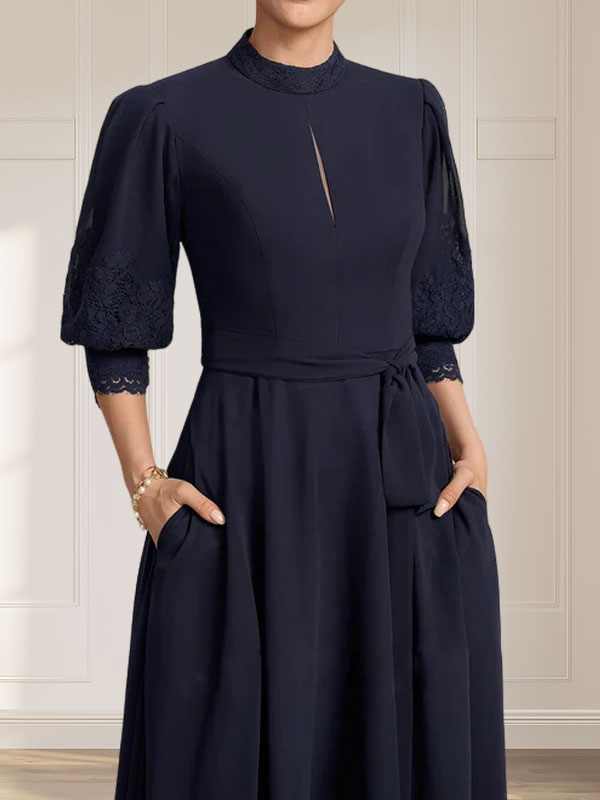 A-line High Neck Tea-Length Lace Chiffon Mother of the Bride Dress With Bow Main Image