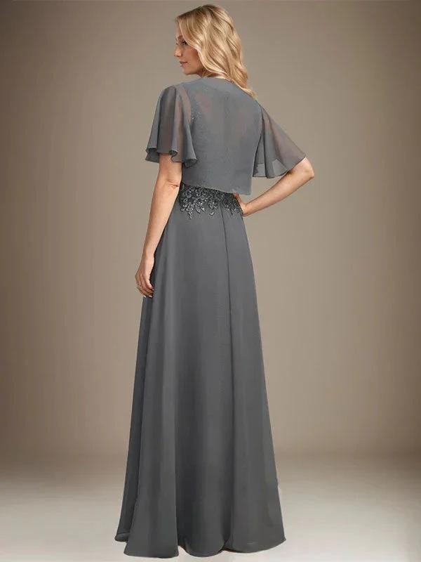 A-line Scoop Illusion Floor-Length Lace Chiffon Mother of the Bride Dress With Sequins by Dreamylily
