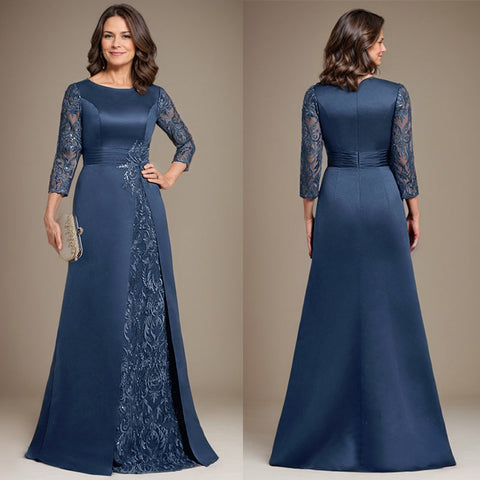A-Linie U-Ausschnitt Bodenlang Spitze Satin Kleid für die Brautmutter mit Applikation 