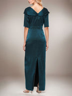 Long Shimmer Column Dress with Foldover Cuff L-Neckline and Elbow Sleeves