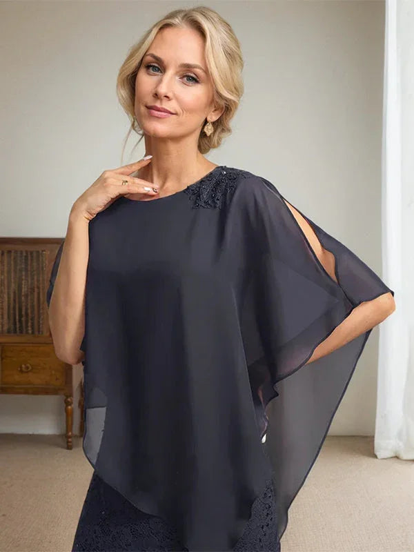 Vestido de madre de la novia de gasa con encaje, escote redondo y largo hasta el suelo, con lentejuelas y abalorios