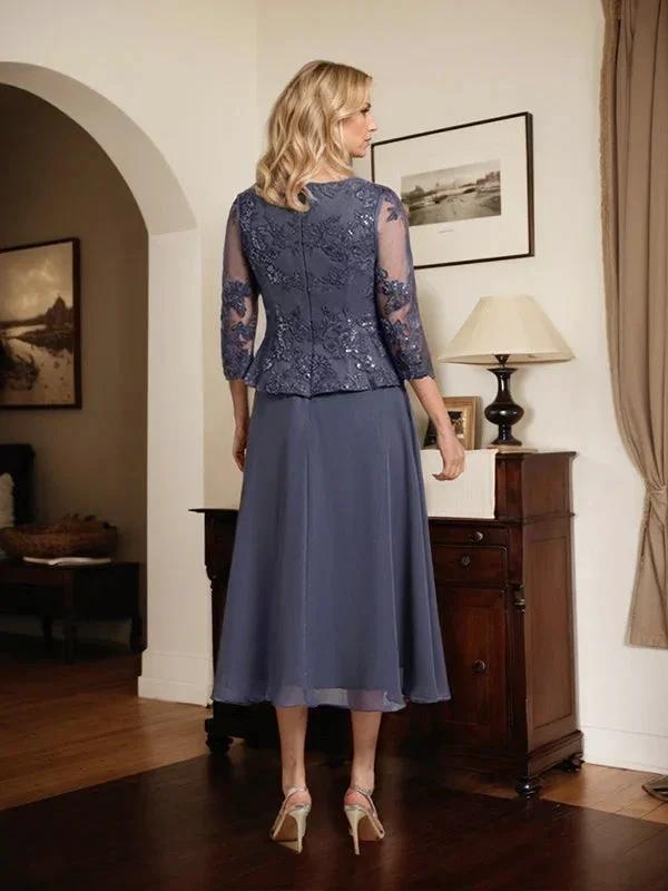 A-line Scoop Tea-Length Lace Chiffon Mother of the Bride Dress With Sequins by Dreamylily