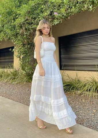 Vestido de noche largo blanco único, sin tirantes, en capas, corte A, para fiesta y graduación, Y7552