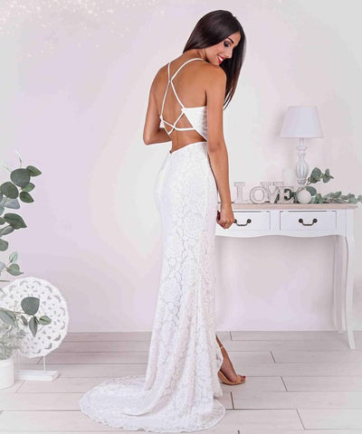 Slit Mermaid Strapless Spaghetti Straps Prom Dress with Lace Applique