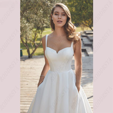 Civil V-Neck Wedding Dresses Square Collar Satin Bridal Gowns A-line Backless Buttons Bride Party Spaghetti Straps