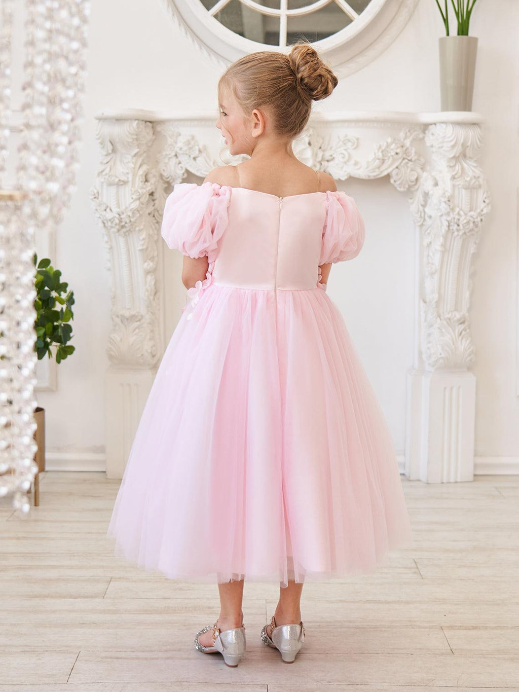 Puffy Sleeves Off-Shoulder 3D Floral Appliques Tulle Tea-length Flower Girl D… - photo 2