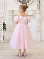 Puffy Sleeves Off-Shoulder 3D Floral Appliques Tulle Tea-length Flower Girl D… - photo 2