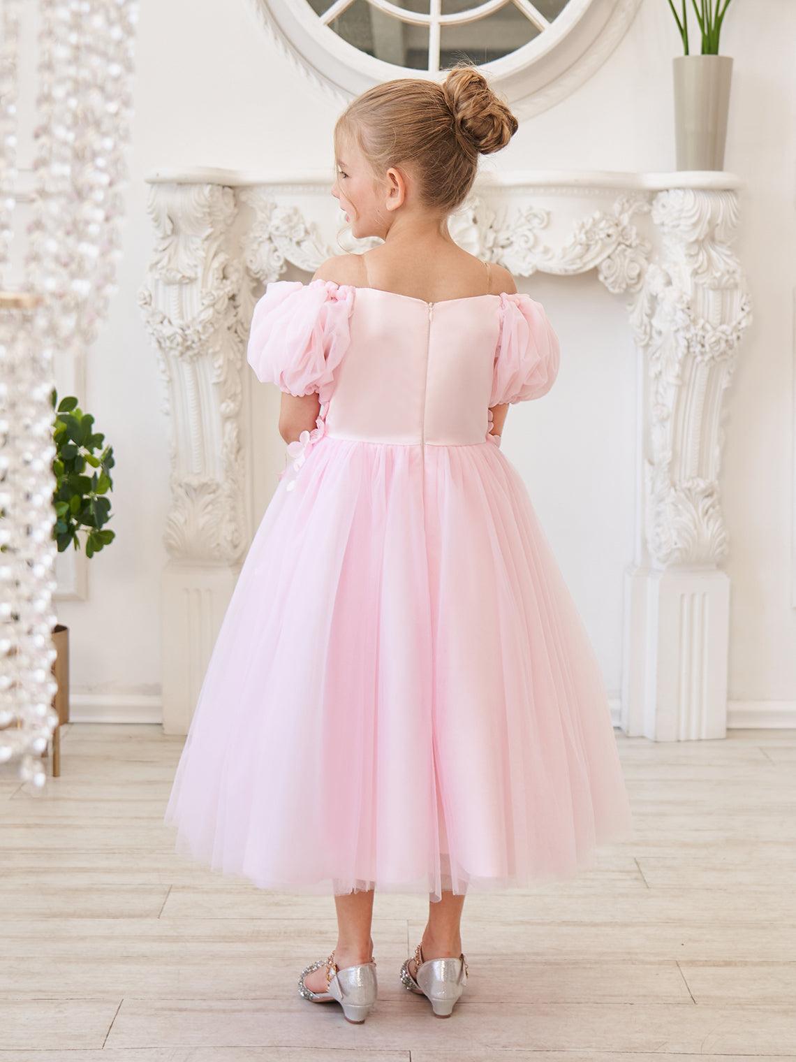 Puffy Sleeves Off-Shoulder 3D Floral Appliques Tulle Tea-length Flower Girl D… - photo 2