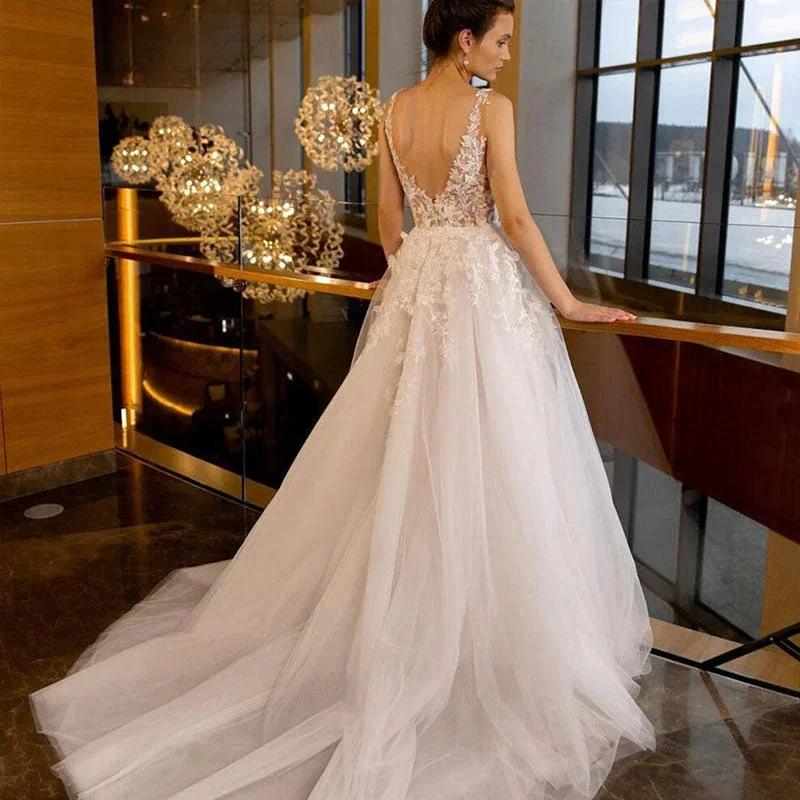 Appliques Wedding Dresses For Women Sexy Backless V-neck Bridal Gown Spaghetti Strap Elegant Bohemian Princess Dress by payinti