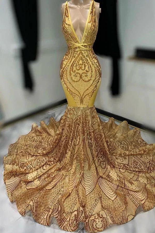Off The Shoulder Sleeveless Dark Gold Sequins Prom Dress with Appliques V Neck by BIZTUNNEL