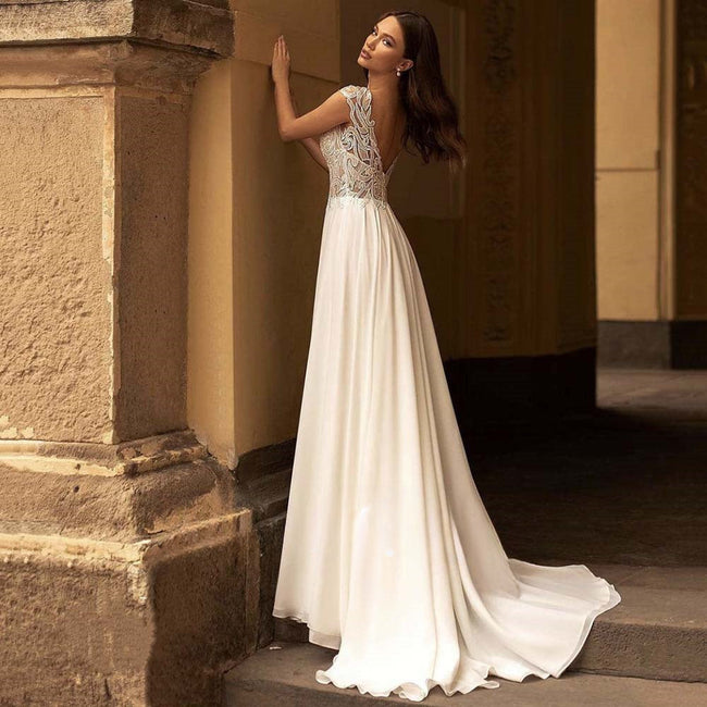 #001 Modern V-Neck Wedding Dresses Lace Appliques Chiffon Backless Boho A-Line Bride Gown Backless Sweep Train Vestido de novia Main Image