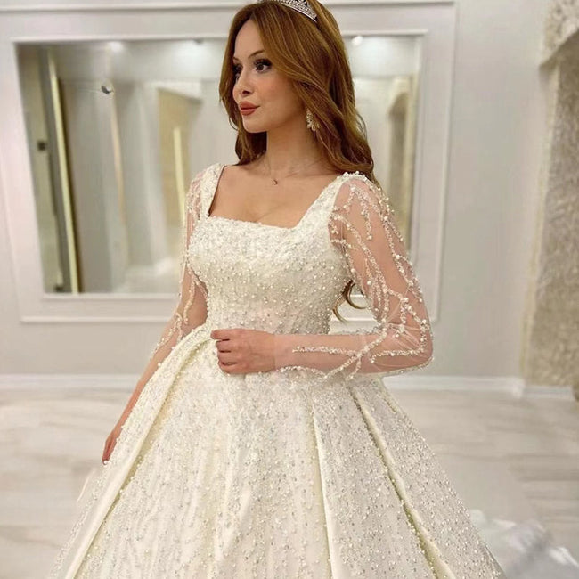 Luxury Wedding Dress Embroidered Lace Beading With Princess Ball Gown Square Collar Fullsleeve Bride Button Vestido De Novia Main Image