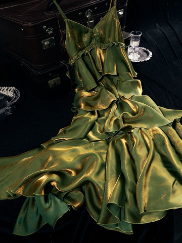 Vestido de fiesta largo vintage verde con volantes escalonados Y7548