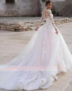 Luxury Pink Long Sleeves Wedding Dress Ball Gown Lace Appliques O-Neck Button Royal Train Bride Gowns Vestido De Novia Princess by payinti