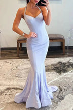 Light Lilac Halter Satin Mermaid Long Prom Dresses with Beading by Kissprom