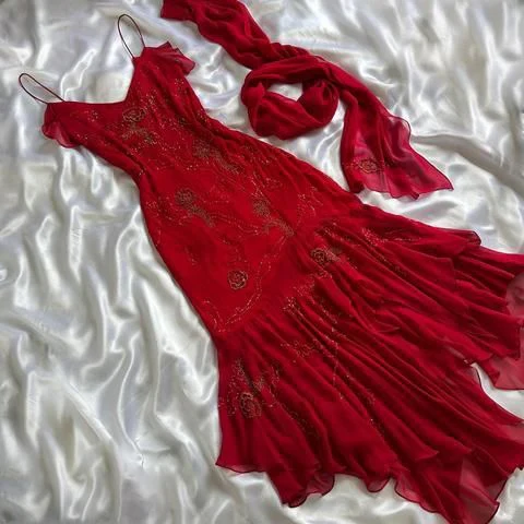 Hermoso vestido de fiesta con cuentas, de gasa roja, estilo sirena, vestido de noche, vestido de fiesta Y7527