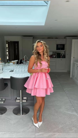 Cute Pink Strapless Short Homecoming Dress Pink Layered Dress Y1853