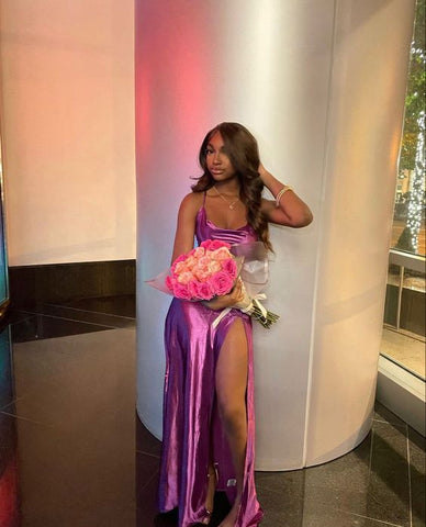 Simple Spaghetti Straps Long Prom Dress With Split Evening Dress Formal Gown Y1855