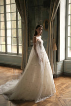 White Sparkly Beaded Corset Tulle Wedding Gown with Long Train SW746