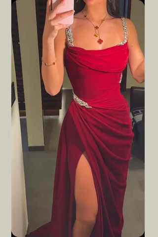 Vestido de noche formal estilo sirena con tirantes finos color burdeos y cuentas, estilo vintage, Y7688