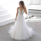 Tulle V-Line Wedding Dresses Deep V-Neck Spaghetti Strap Lace Appliques Backless Pleat Customised Vestidos De Novia by payinti