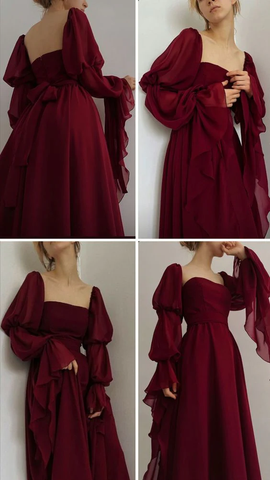 Vestido de fiesta romántico vintage de corte A color burdeos, vestido de noche Y7583