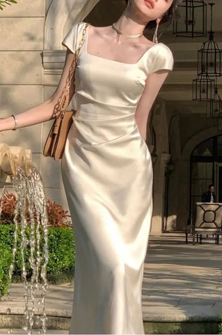 Elegantes langes Partykleid mit quadratischem Ausschnitt in Beige aus Satin, Meerjungfrau, Abschlussball, Abendkleid Y7576
