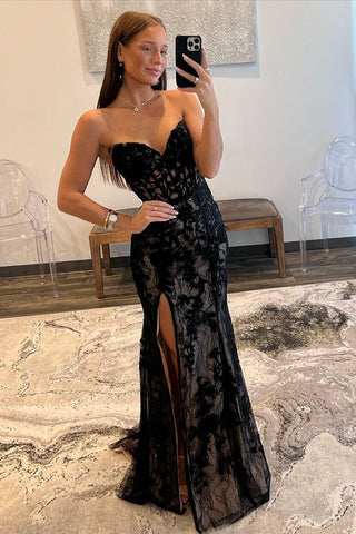 Lyric | Vestido de fiesta de encaje sin tirantes de sirena con abertura