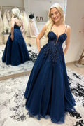 Avalynn | Navy Blue Straps Plunging V Floral Beaded Long Prom Dress by KissProm
