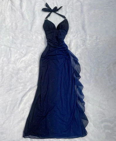 Vestido largo de gasa con escote en V y cuello halter, sexy, azul marino, degradado, para fiesta de graduación, Y7486
