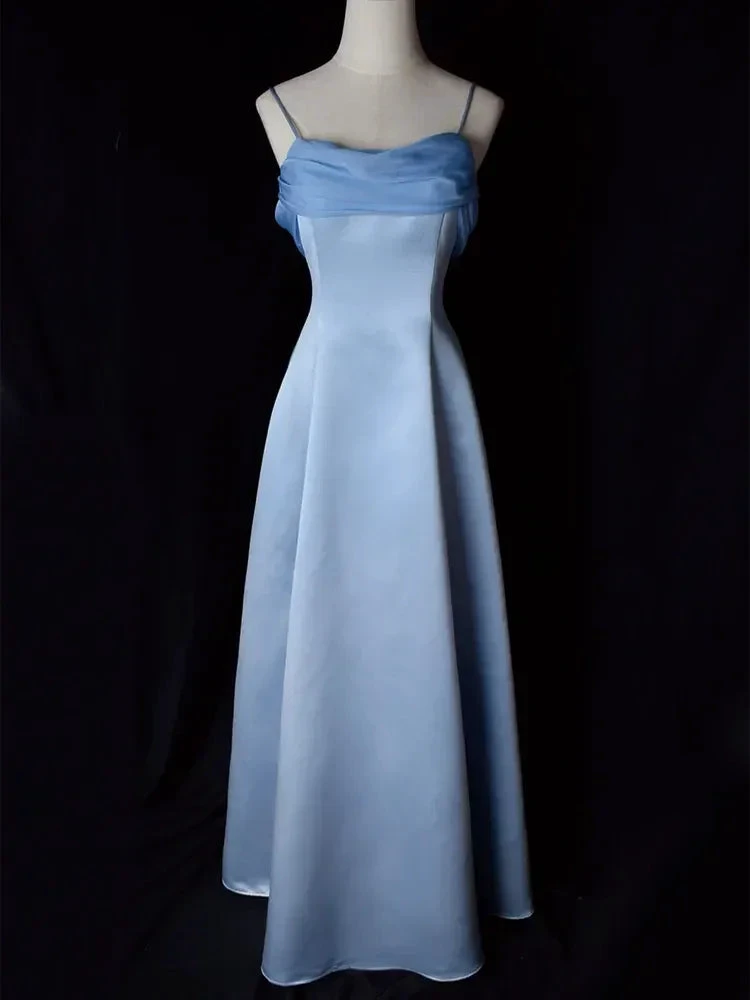 Elegant Blue Satin Spaghetti Straps Evening Gown A Line Long Party Dress Prom Dress Y7557 by simplepromdress